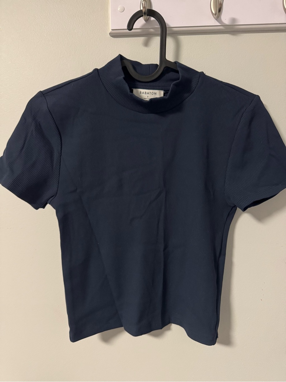 Babaton Navy Short-Sleeve Ribbed Mock Neck Tee